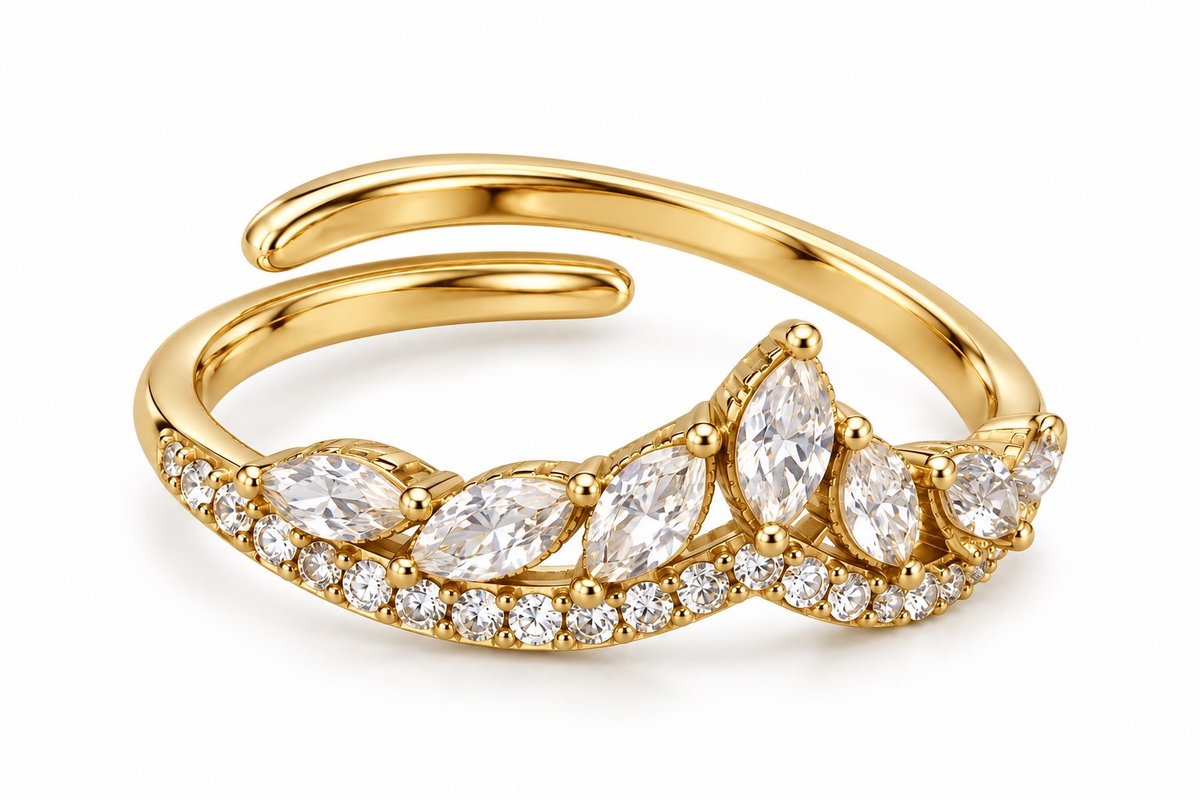 Gold Adjustable Leaf Ring with Sparkling Clear Crystals – Elegant Marquise Crystal Ring