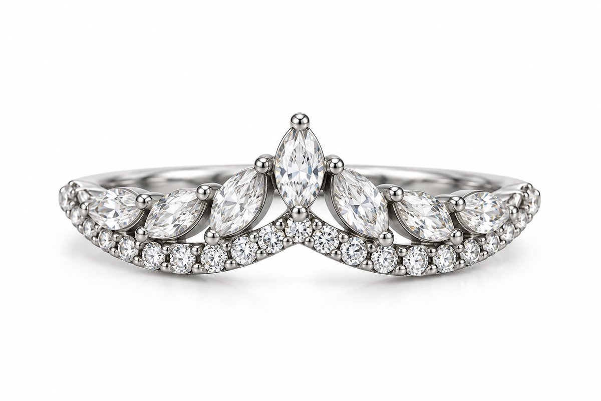 Silver Crystal Crown Ring with Marquise Stones – Elegant Tiara Style Ring