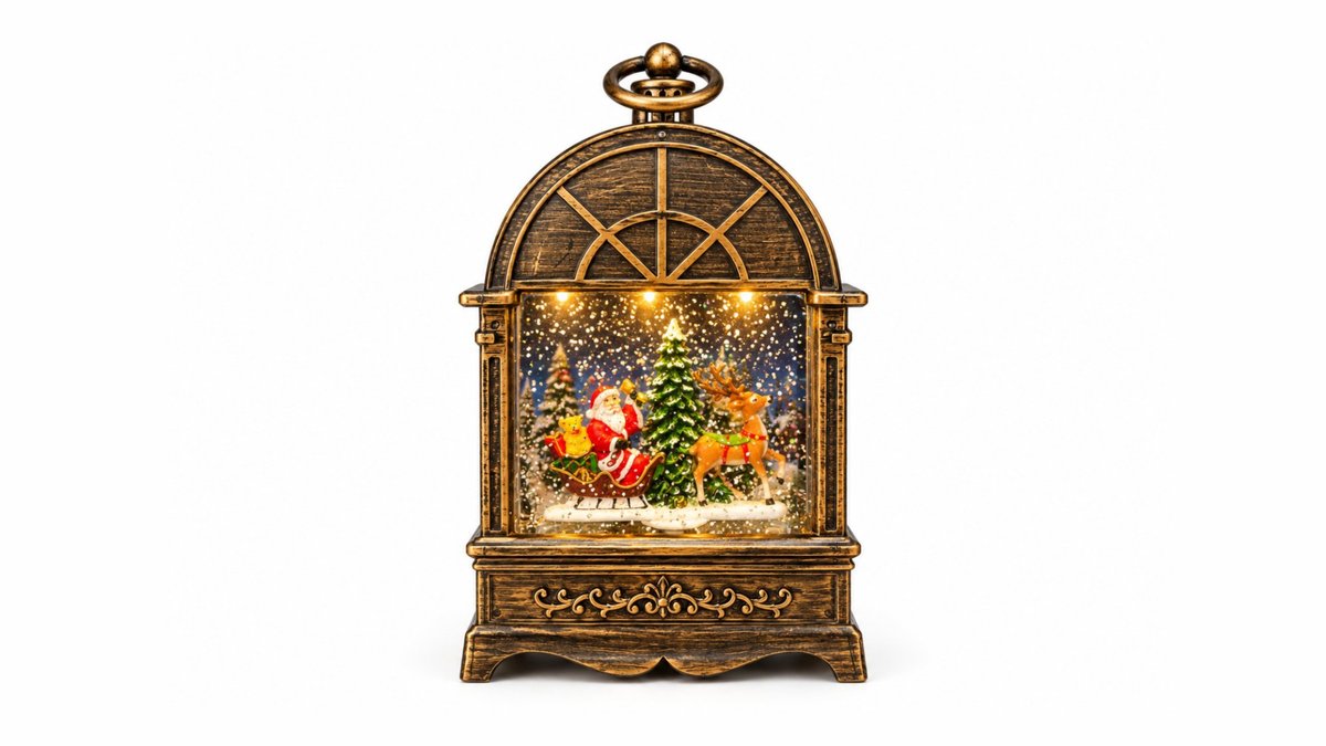 Vintage Christmas Lantern Snow Globe with Santa Claus & Reindeer – LED Light Decoration