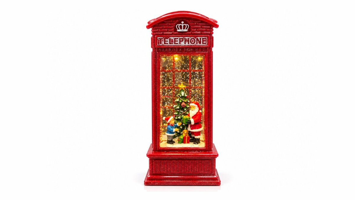 Christmas Red Telephone Box Snow Globe with LED Lights & Music – Santa Claus Decoration