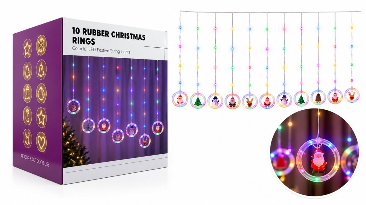 Christmas LED Curtain Lights with 10 Hanging Festive Rings – Multicolor