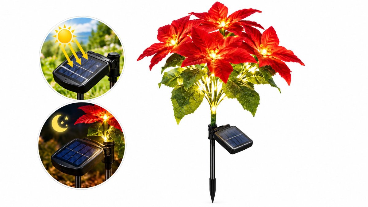 Solar Powered Christmas Poinsettia Flowers with Warm White LED Lights – Outdoor Garden Decoration