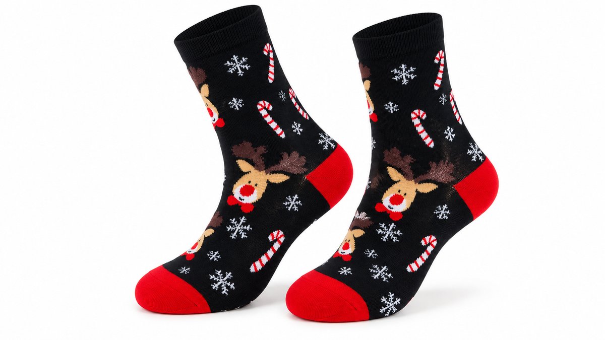 Christmas Socks – Rudolph Reindeer & Candy Canes – Black 36-40