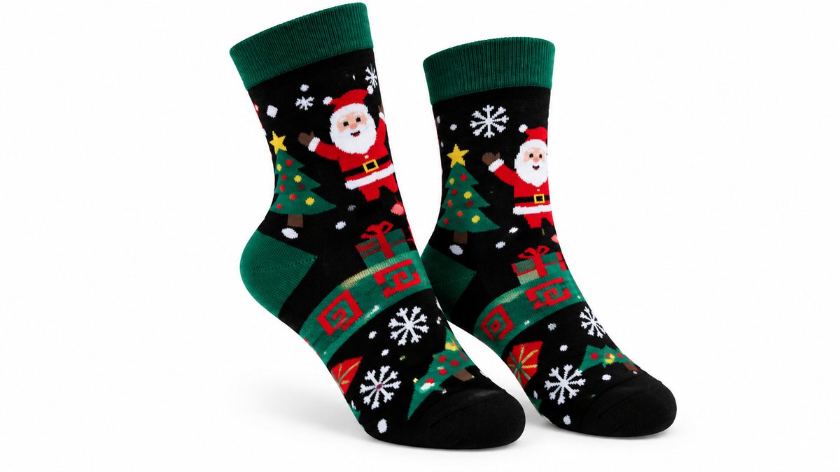 Christmas Socks – Santa Claus, Christmas Trees & Gifts – Black 36-40