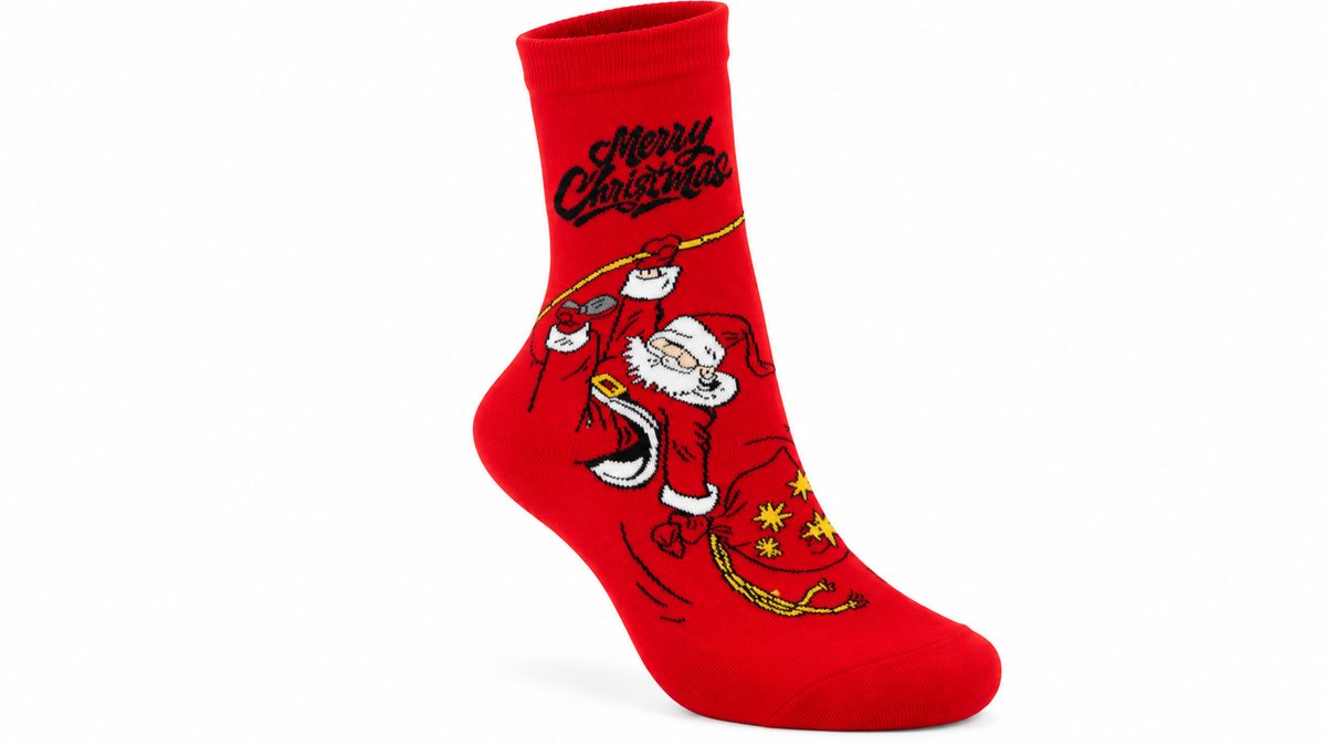 Christmas Socks – Santa Claus Swinging with Gift Bag – Red 40-46