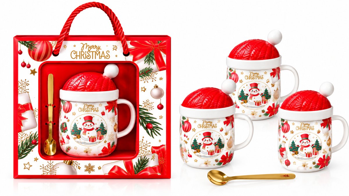 Christmas Snowman Ceramic Mug with Lid & Golden Spoon – Gift Box