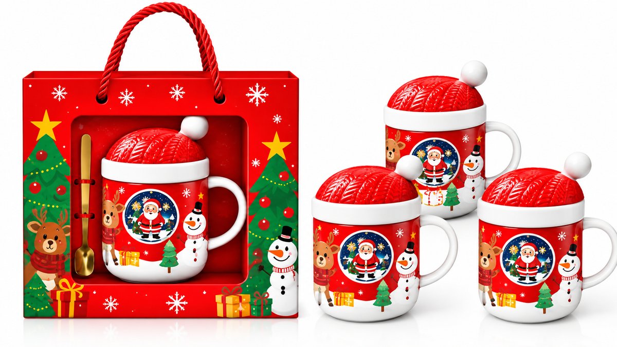Christmas Ceramic Mug with Santa Hat Lid & Golden Spoon – Gift Box