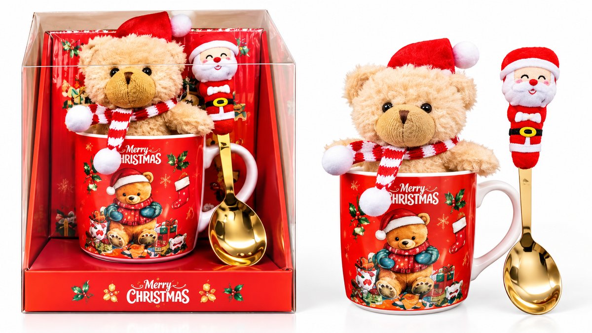 Christmas Teddy Bear Ceramic Mug Gift Set with Plush Bear & Santa Spoon