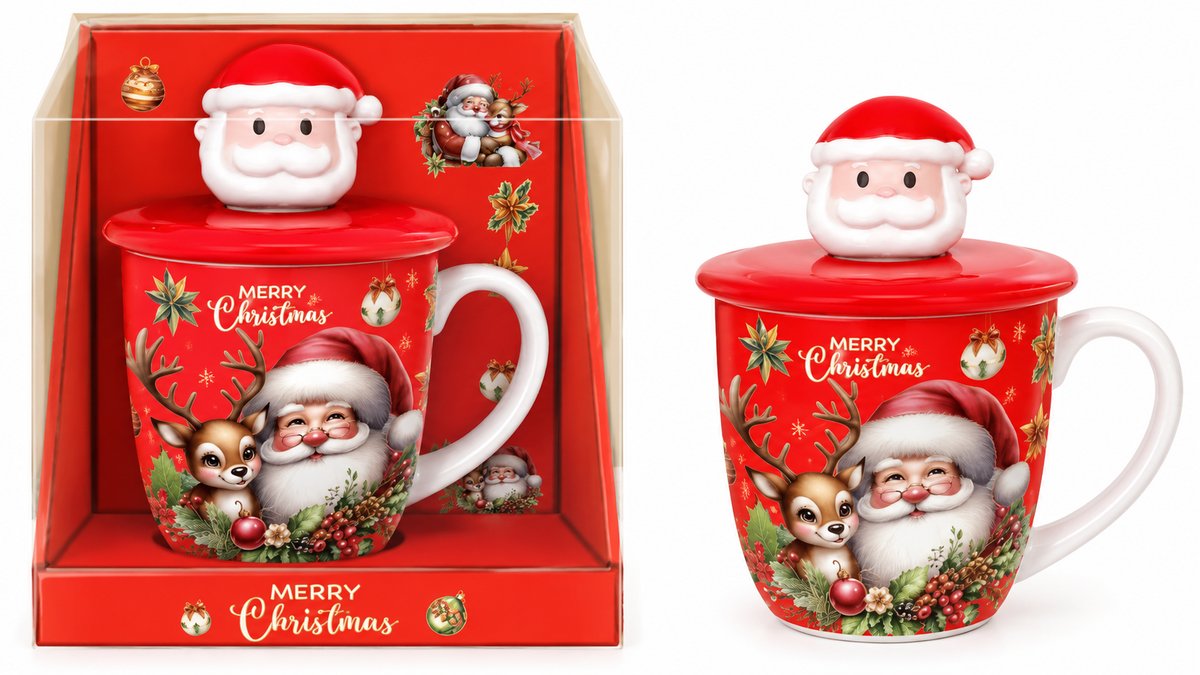 Christmas Santa Claus & Reindeer Ceramic Mug with 3D Santa Lid – Gift Box