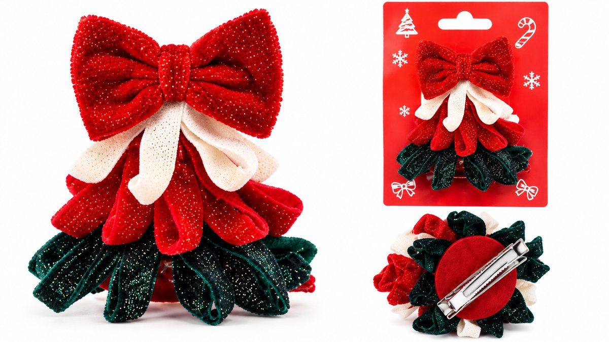 Christmas Glitter Velvet Bow Hair Clip – Red, White & Green