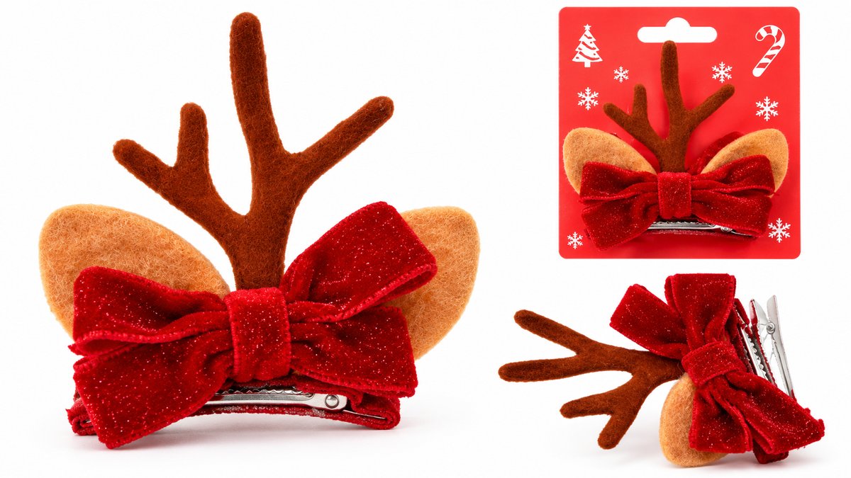 Christmas Reindeer Antlers Hair Clip with Red Glitter Bow