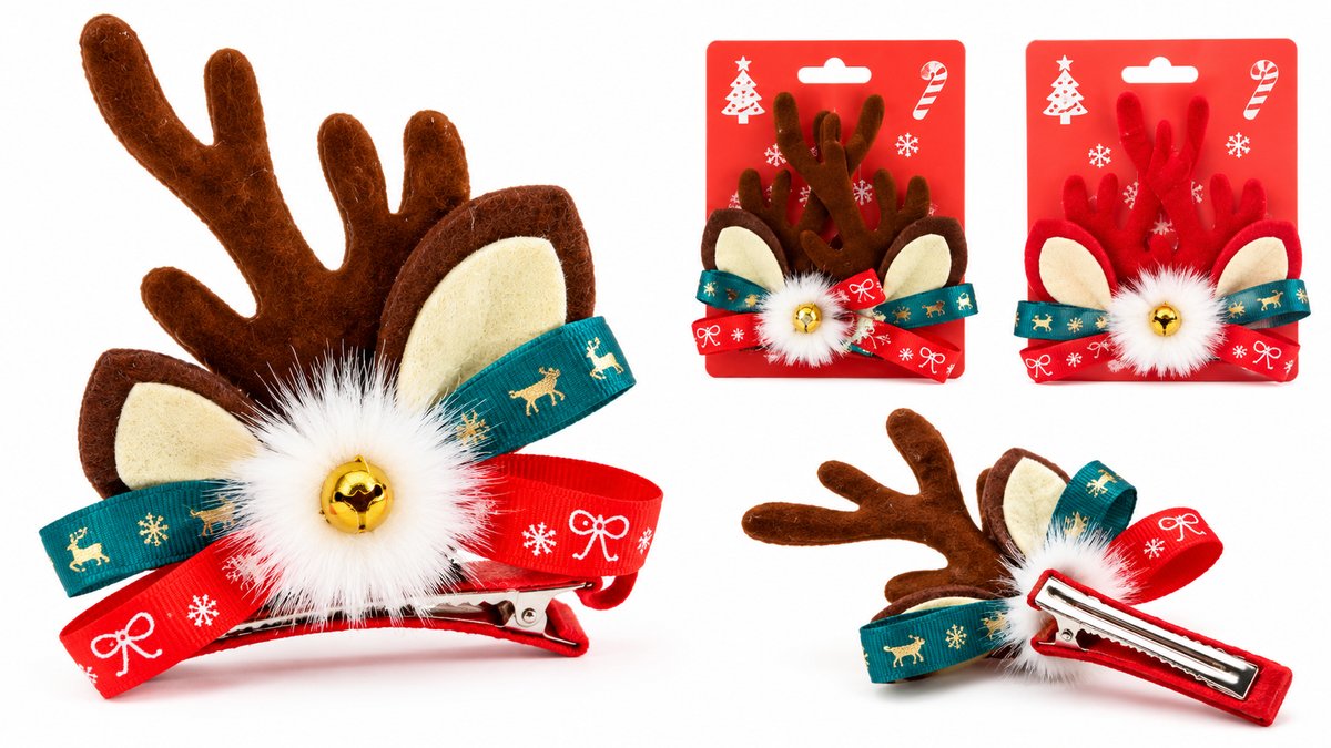 Christmas Reindeer Antlers Hair Clip with Festive Ribbons & Bell – Assorted Colors