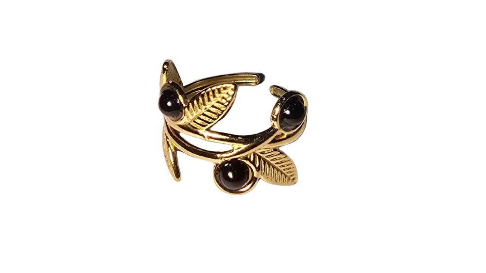 Gold Olive Leaf Stainless Steel Ring with Black Stones