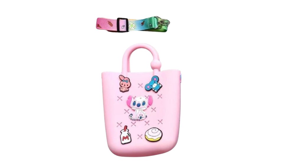 Kawaii Silicone Crossbody Bag with Stitch-Inspired Design & Charms Pink