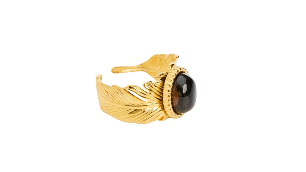 Gold Feather Stainless Steel Ring with Black Gem