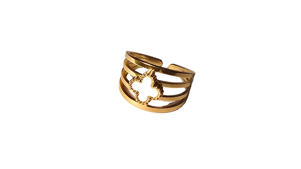 Stainless Steel Gold Ring with White Clover and Crystals