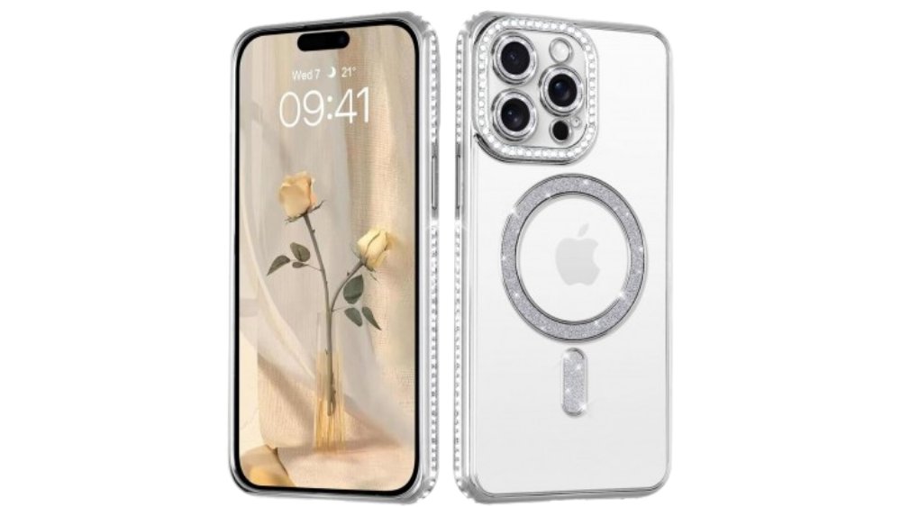 Silver Glitter MagSafe Case with Rhinestone Camera Protector iphone 16pro
