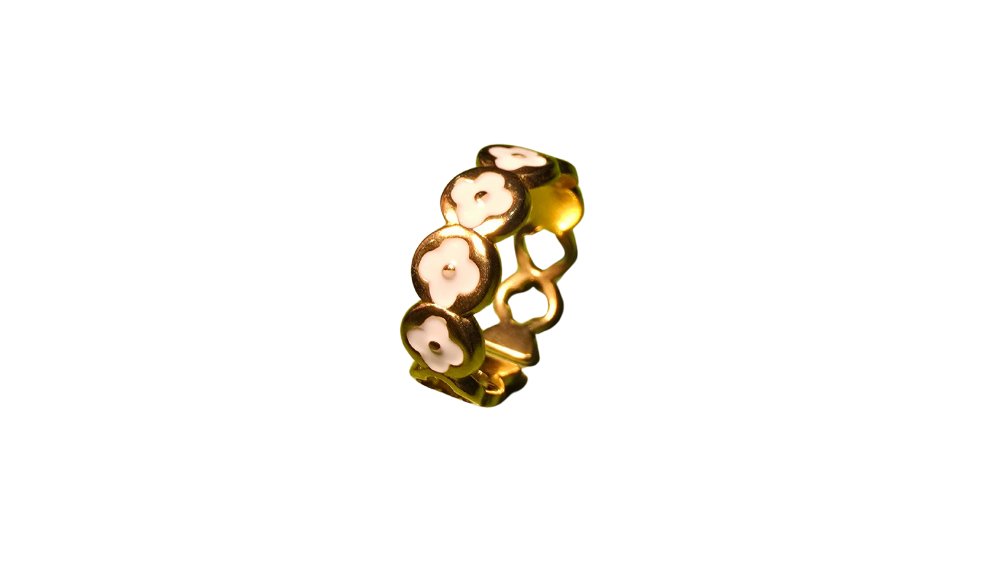 Stainless Steel Gold Ring with White Flower Details