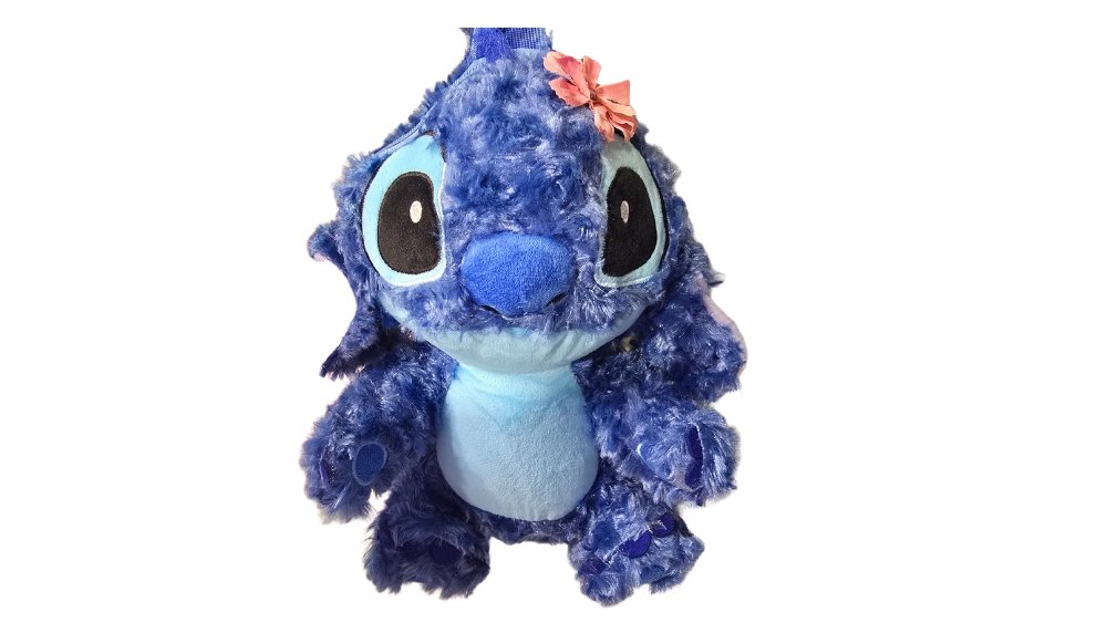 Stitch Plush Backpack – Blue Furry Bag with Pink Flower 🌺