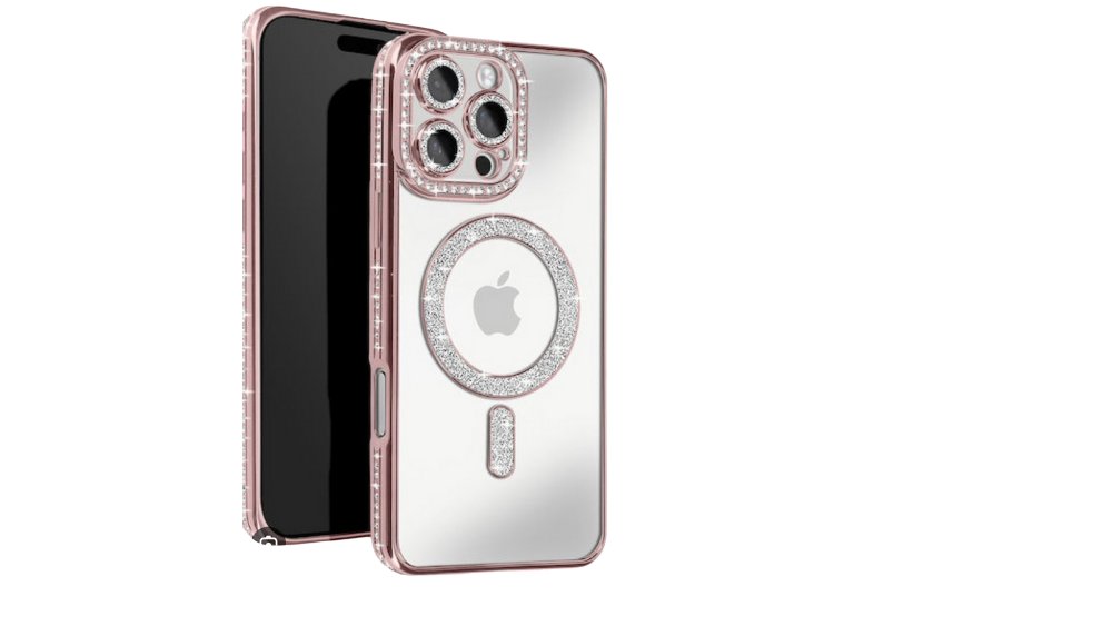 Rosegold Glitter MagSafe Case with Rhinestone Camera Protector iphone 14pro