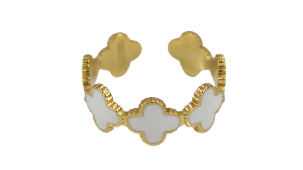 Stainless Steel Gold Ring with White Flower Details